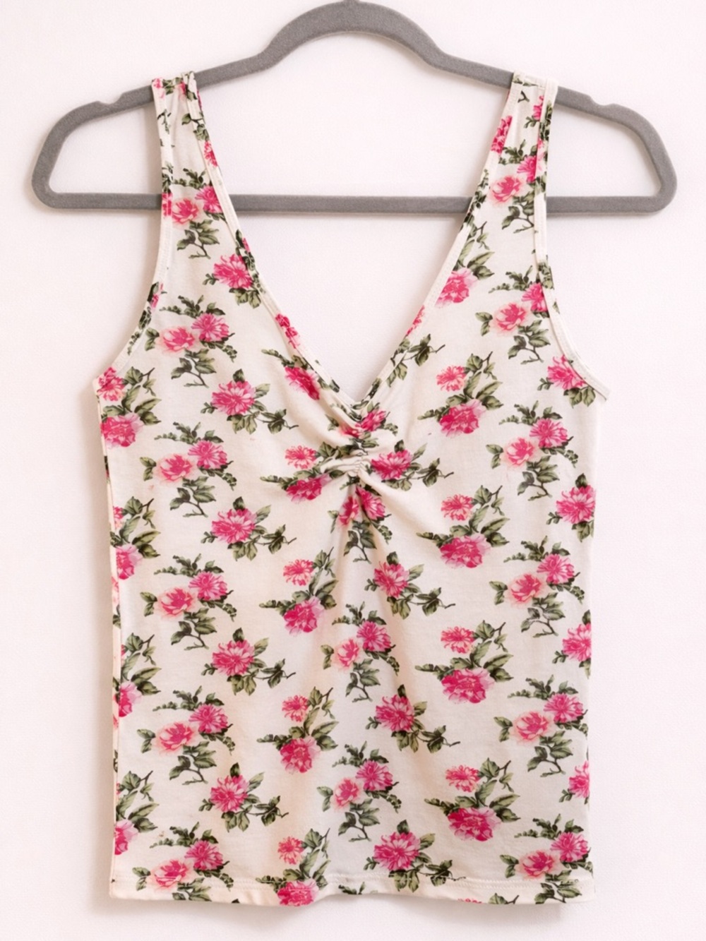 American Eagle Soft & Sexy Floral Tank Top Small – White Pink Ruched V-Neck